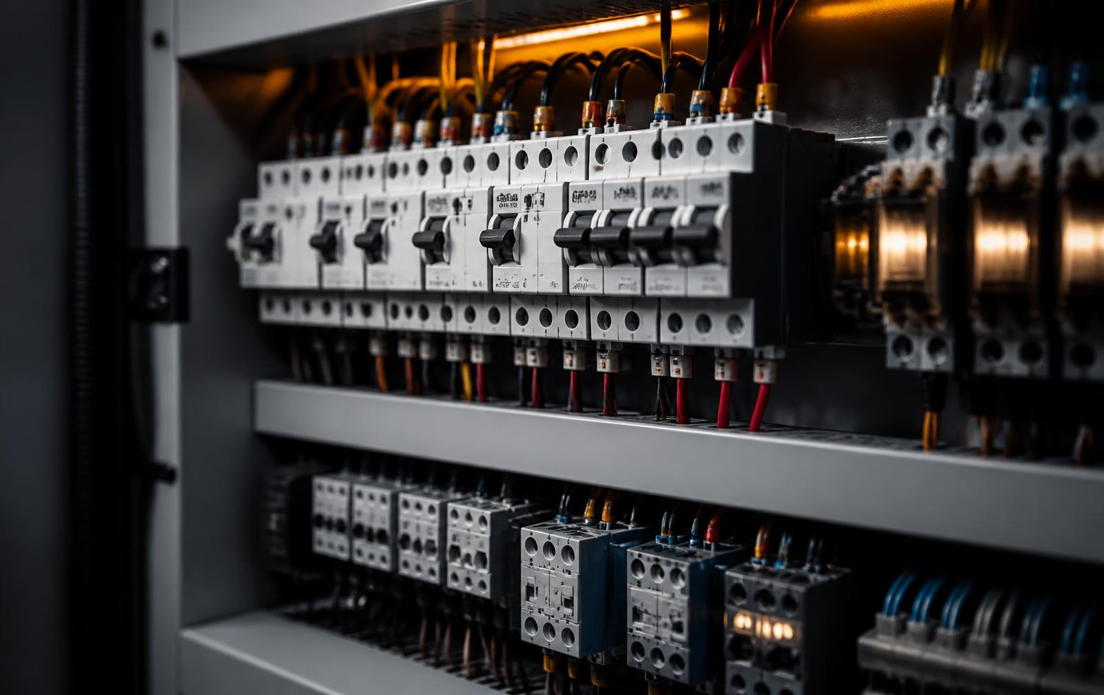 Rows of DIN-rail breakers, contactors and relays inside a control panel