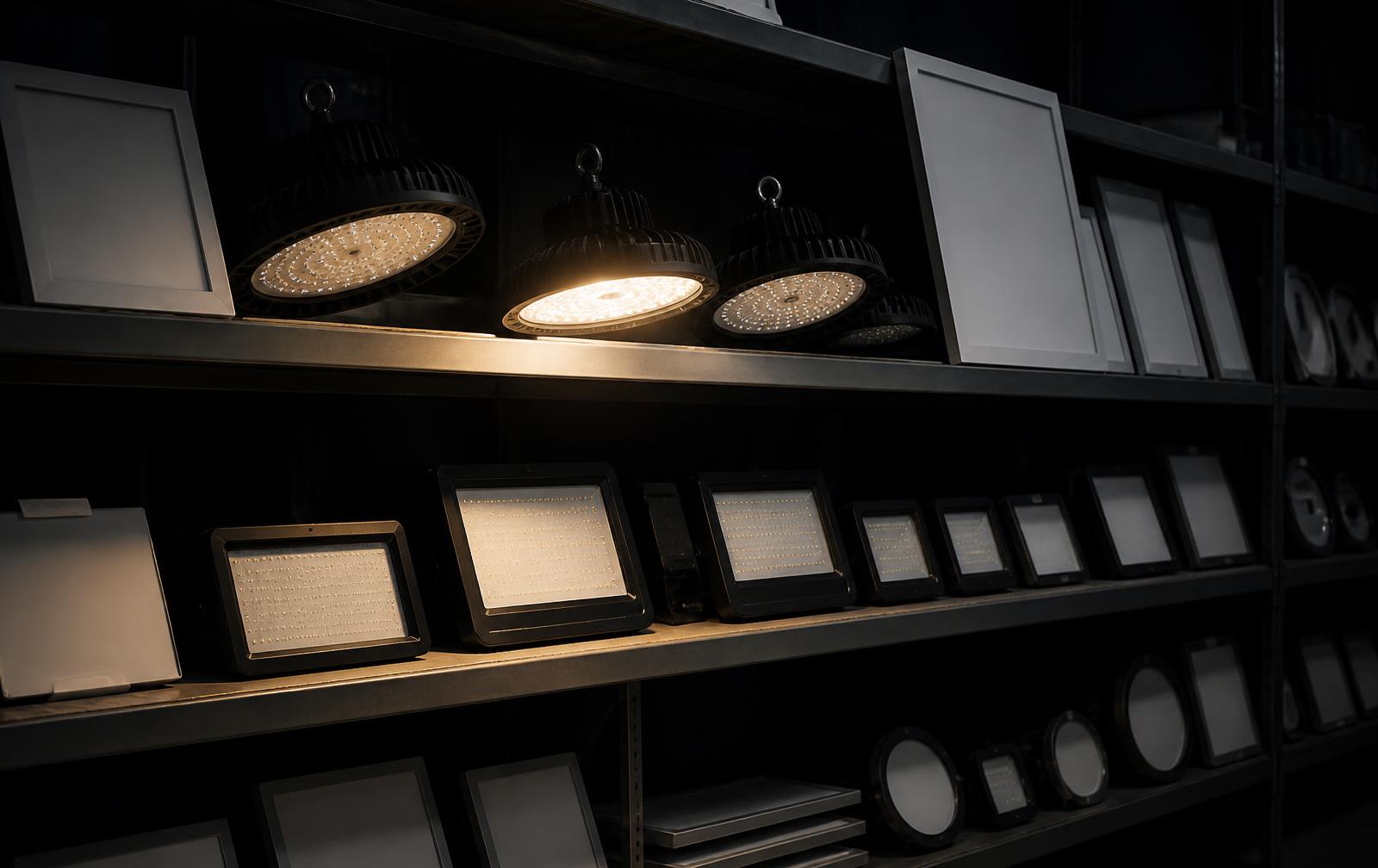 Commercial LED panels, high-bay fittings and floodlights on warehouse shelving